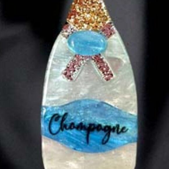 Champagne Bottle Blue Glittered Acetate Dangle Earrings - Picture 3 of 7